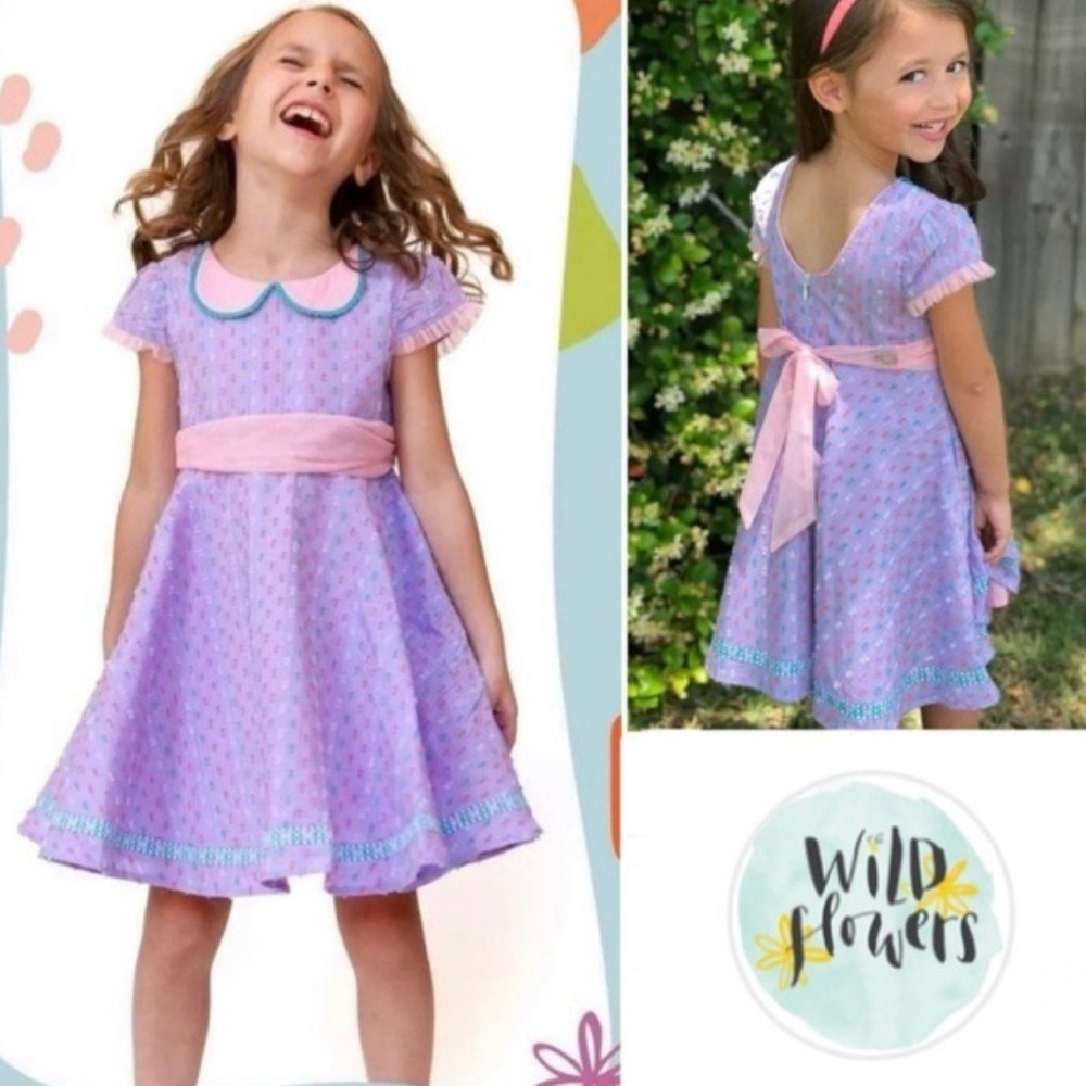 Wildflowers No. 4 Girls Purple Clip Dot Peter Pan Collar Dress Pink Sash Size‎ 4